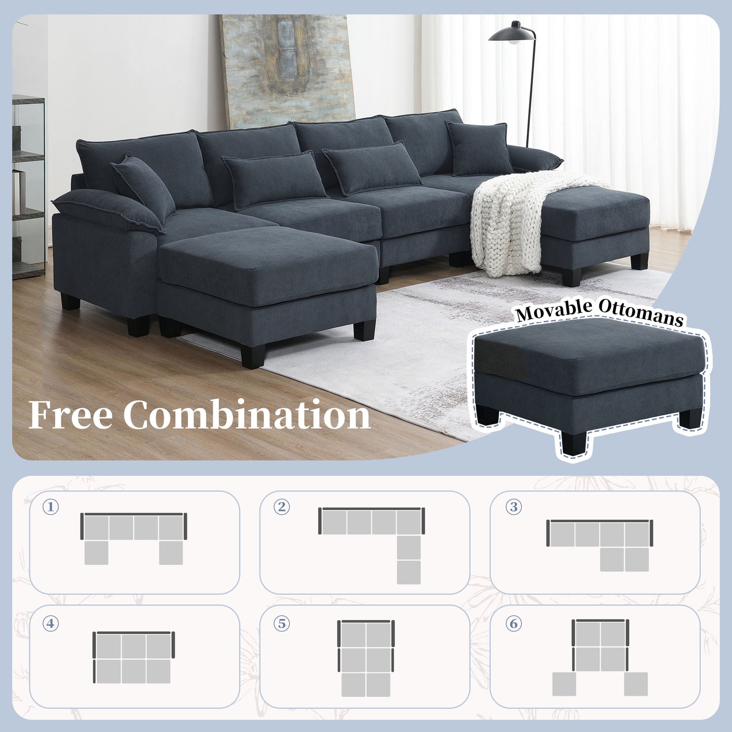 133*65" Corduroy Modular Sectional Sofa,U Shaped Couch with Armrest Bags,6 Seat Freely Combinable Sofa Bed,Comfortable and Spacious Indoor Furniture for Living Room, 2 Colors