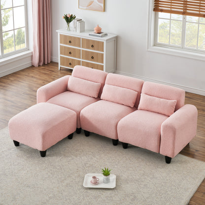 The 84.6-inch pink teddy fleece creative sofa can be assembled into a two-seater sofa plus a single couch with three waist pillows to perfectly stretch your waist for small apartment bedroom Spaces