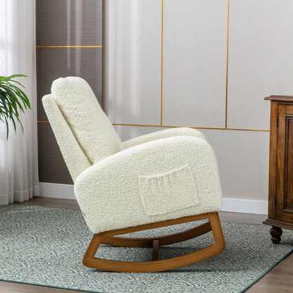 Rocking Chair, Modern Glider Chair, Recliner Armchair with Wood Legs and Side Pocket, Nursery Rocking Accent Chair with High Back for Living Room Bedroom (White Teddy)