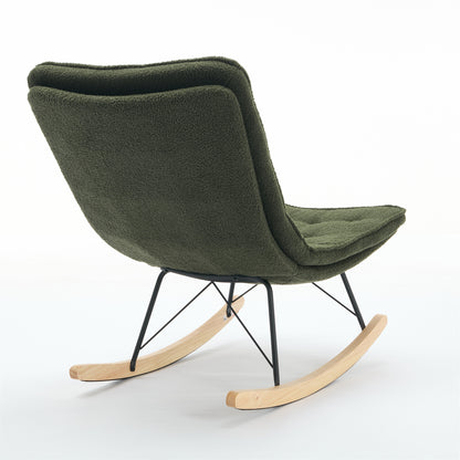 Lazy Rocking Chair,Comfortable Lounge Chair with Wide Backrest and Seat Wood Base, Upholstered Armless Rocker Chair for Living room, Balcony,Bedroom and Patio Porch. (DARK GREEN)