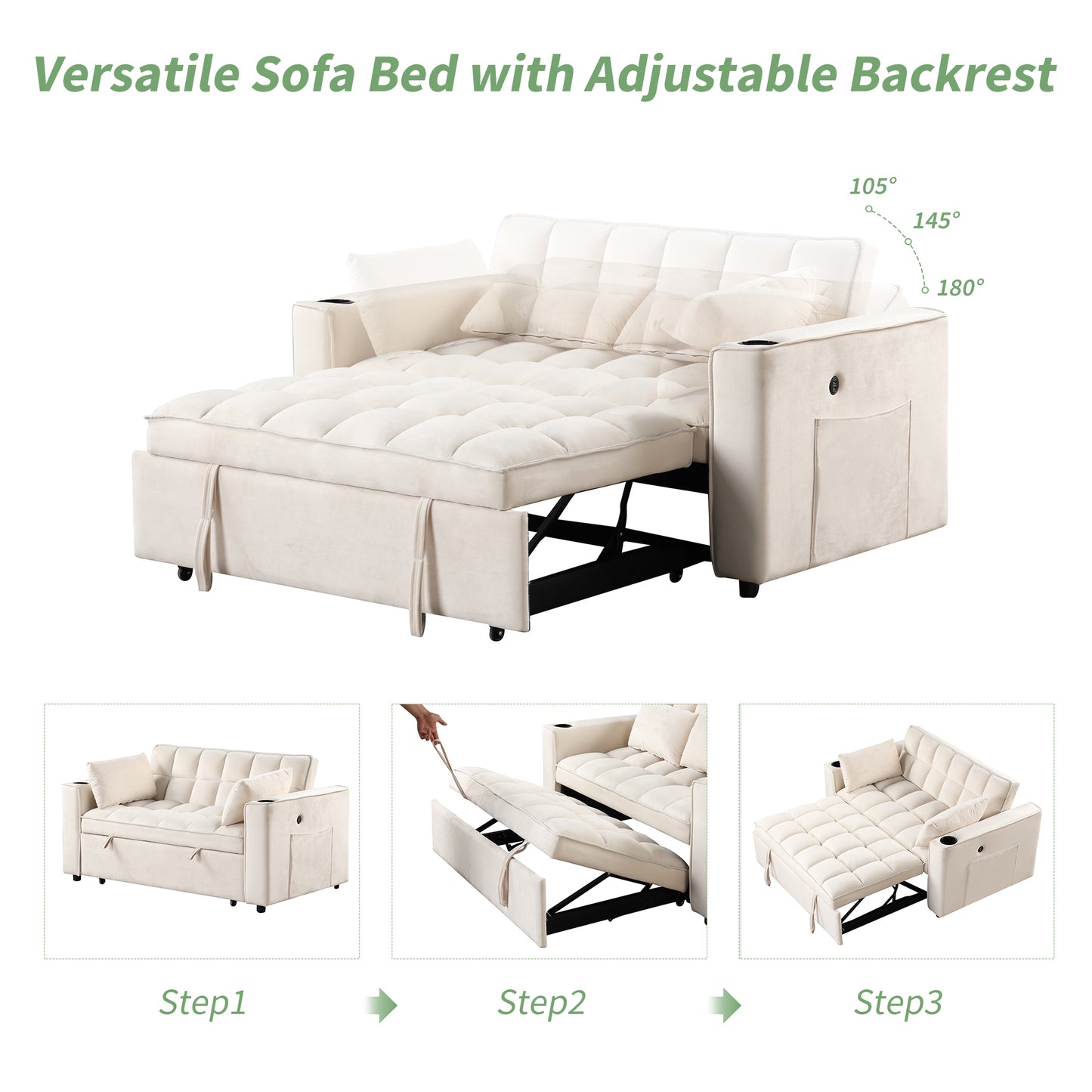 58" 4-1 Multi-functional Sofa Bed with Cup Holder and USB Port for Living Room or Apartments Milky White