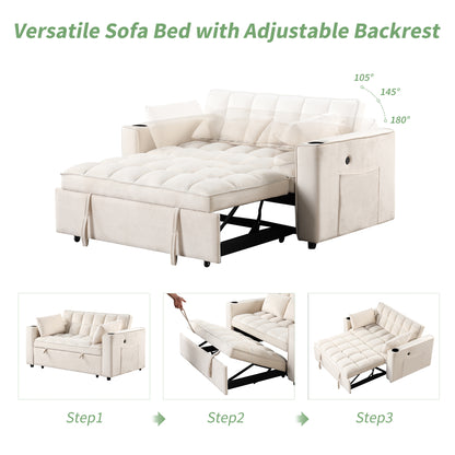 58" 4-1 Multi-functional Sofa Bed with Cup Holder and USB Port for Living Room or Apartments Milky White