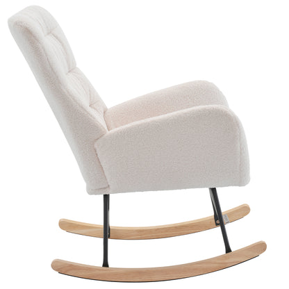 Rocking Chair, Teddy Upholstered Glider Rocker, Rocking Accent Chair with High Backrest, Comfy Rocking Accent Armchair for Living Room, Bedroom, Offices, WHITE