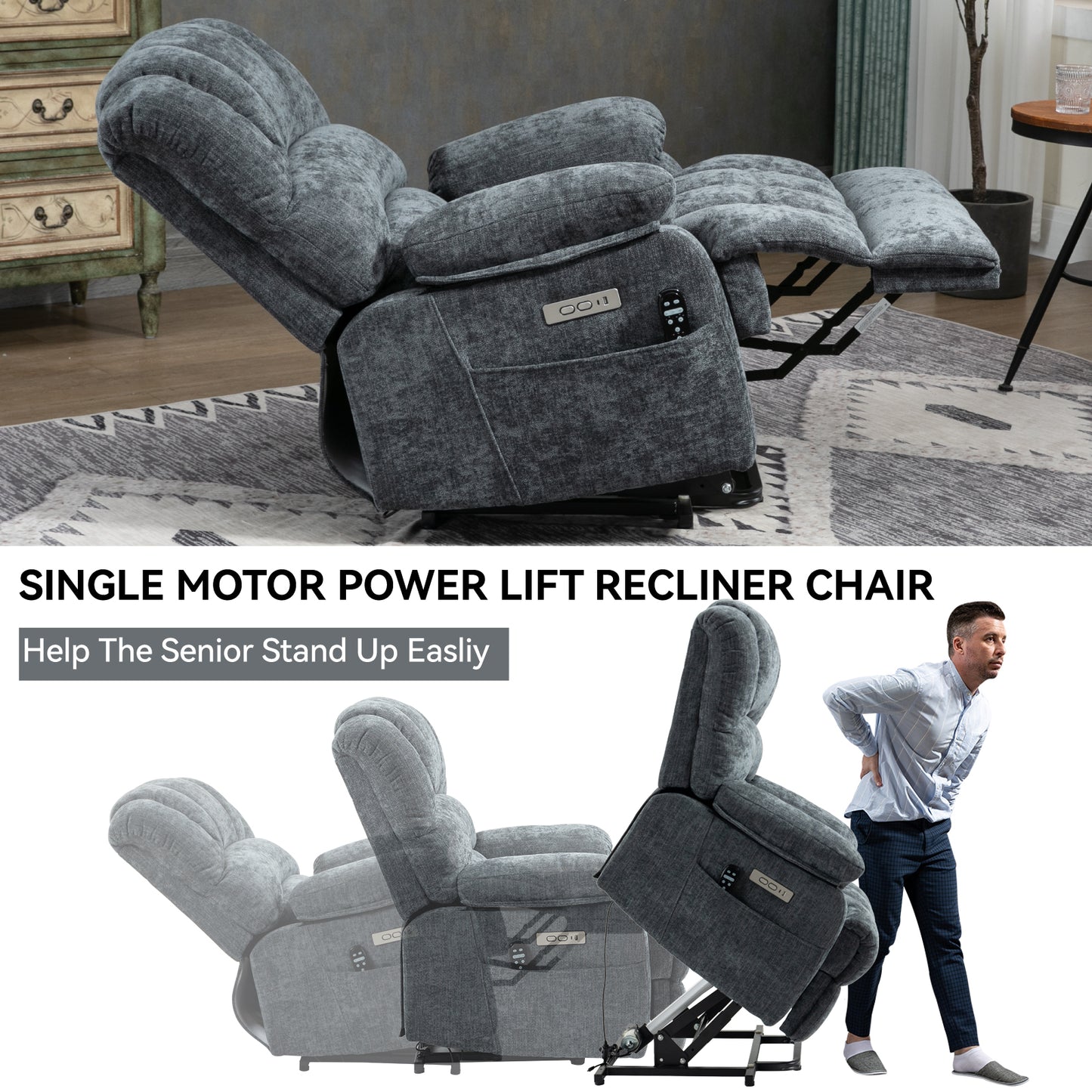 23" Seat Width and High Back Large Size Blue Chenille Power Lift Recliner Chair with 8-Point Vibration Massage and Lumbar Heating