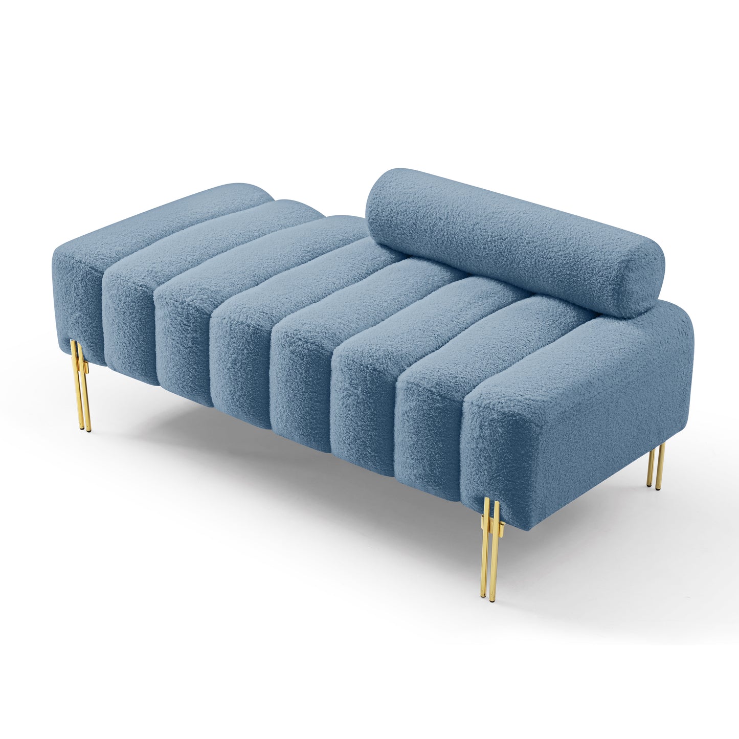 53.2" Width Modern End of Bed Bench Sherpa Fabric Upholstered 2 Seater Sofa Couch Entryway Ottoman Bench Fuzzy Sofa Stool Footrest Window Bench with Gold Metal Legs for Bedroom Living Room,Light Blue