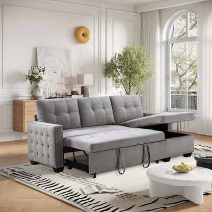 77 Inch Reversible Sectional Storage Sleeper Sofa Bed, L-Shape 2 Seat Sectional Chaise With Storage, Skin-Feeling Velvet Fabric,Light Grey Color For Living Room Furniture