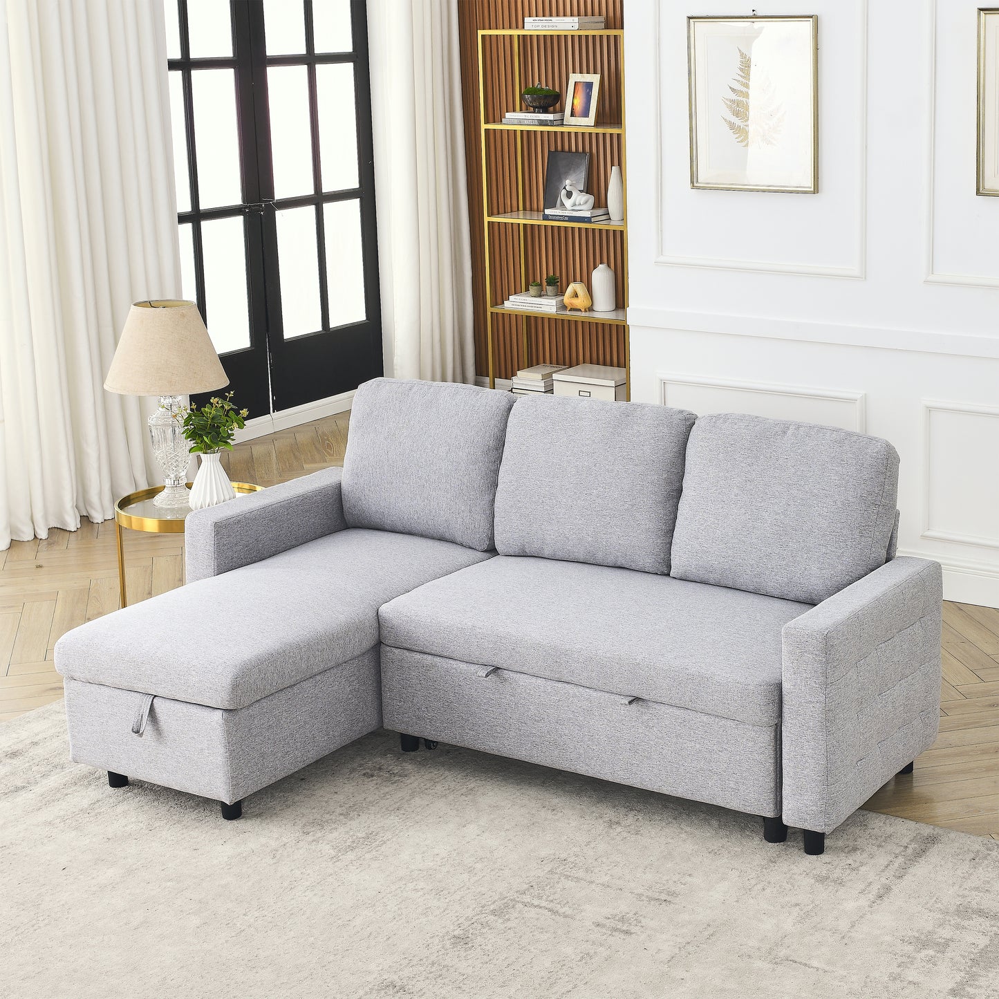 78.8" Reversible Sleeper Combo Sofa with Pullout Bed, Comfortable Linen L-Shaped Combo Sofa Sofa Bed, Living Room Furniture Sets for Tight Spaces