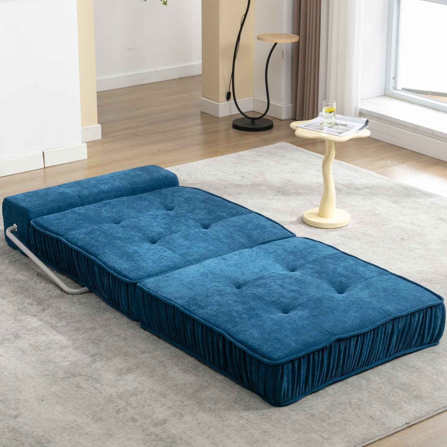 Folding Sofa Bed, Futon Sleeper Chair, Convertible Chair Floor Couch & Sleeping Mattress for Living Room, Guest Room, Home Office, Apartment, Small space, Bed, Removable Back Cushion, Blue, 1 Seat