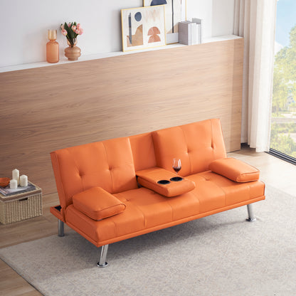 67" Orange Leather Multifunctional Double Folding Sofa Bed for Office with Coffee Table