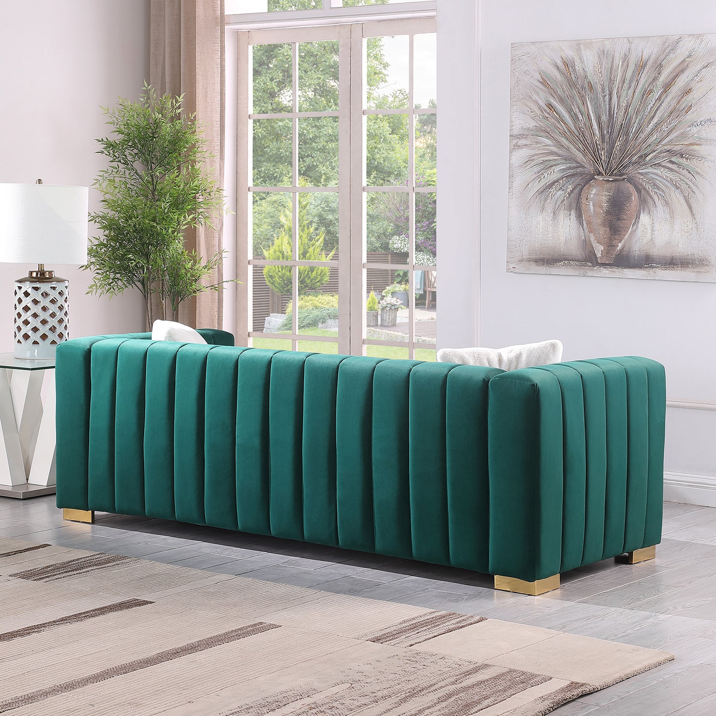 A modern channel sofa take on a traditional Chesterfield,Dark Green color,3 Seater