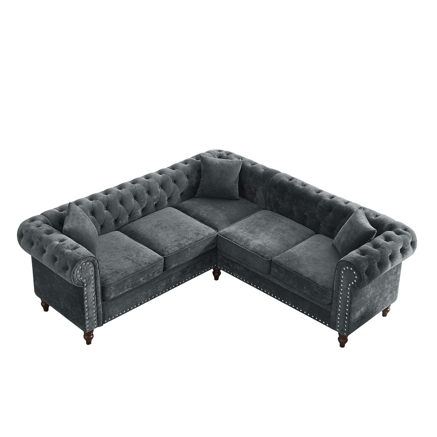 80" Deep Button Tufted Upholstered Roll Arm Luxury Classic Chesterfield L-shaped Sofa 3 Pillows Included, Solid Wood Gourd Legs, Grey velvet