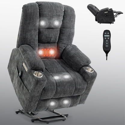 Large Power Lift Recliner Chair with Massage and Heat for Elderly, Overstuffed Wide Recliners, Heavy Duty Motion Mechanism with USB and Type C Ports, 2 Steel Cup Holders, Gray