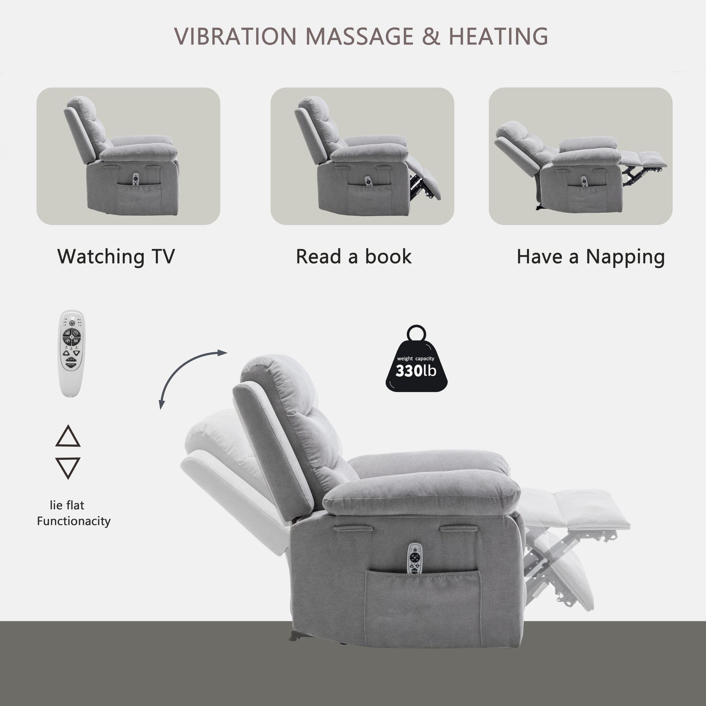 Power Recliner Chair with Adjustable Massage Function, Velvet Electric Power Chair for Elderly with One Side Pockets, Recliner Chair with Heating System for Living Room,Light Gray