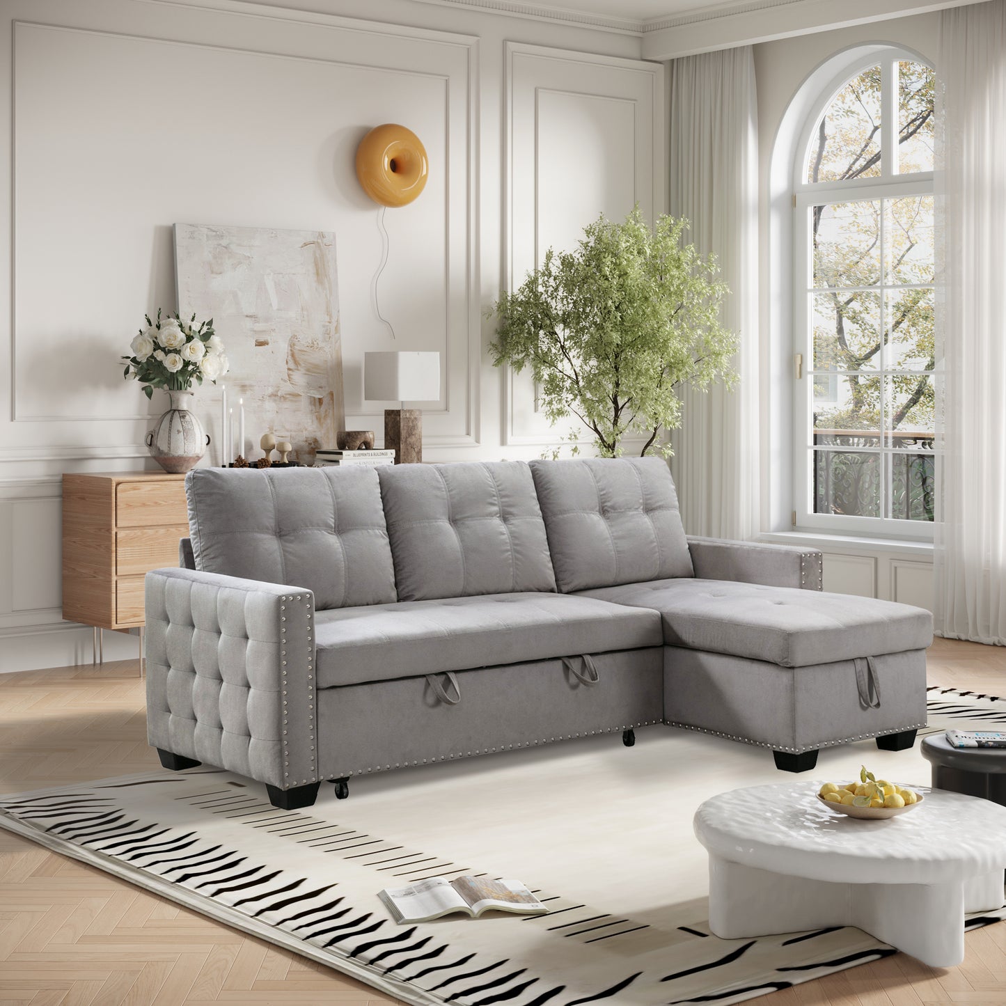 77 Inch Reversible Sectional Storage Sleeper Sofa Bed, L-Shape 2 Seat Sectional Chaise With Storage, Skin-Feeling Velvet Fabric,Light Grey Color For Living Room Furniture