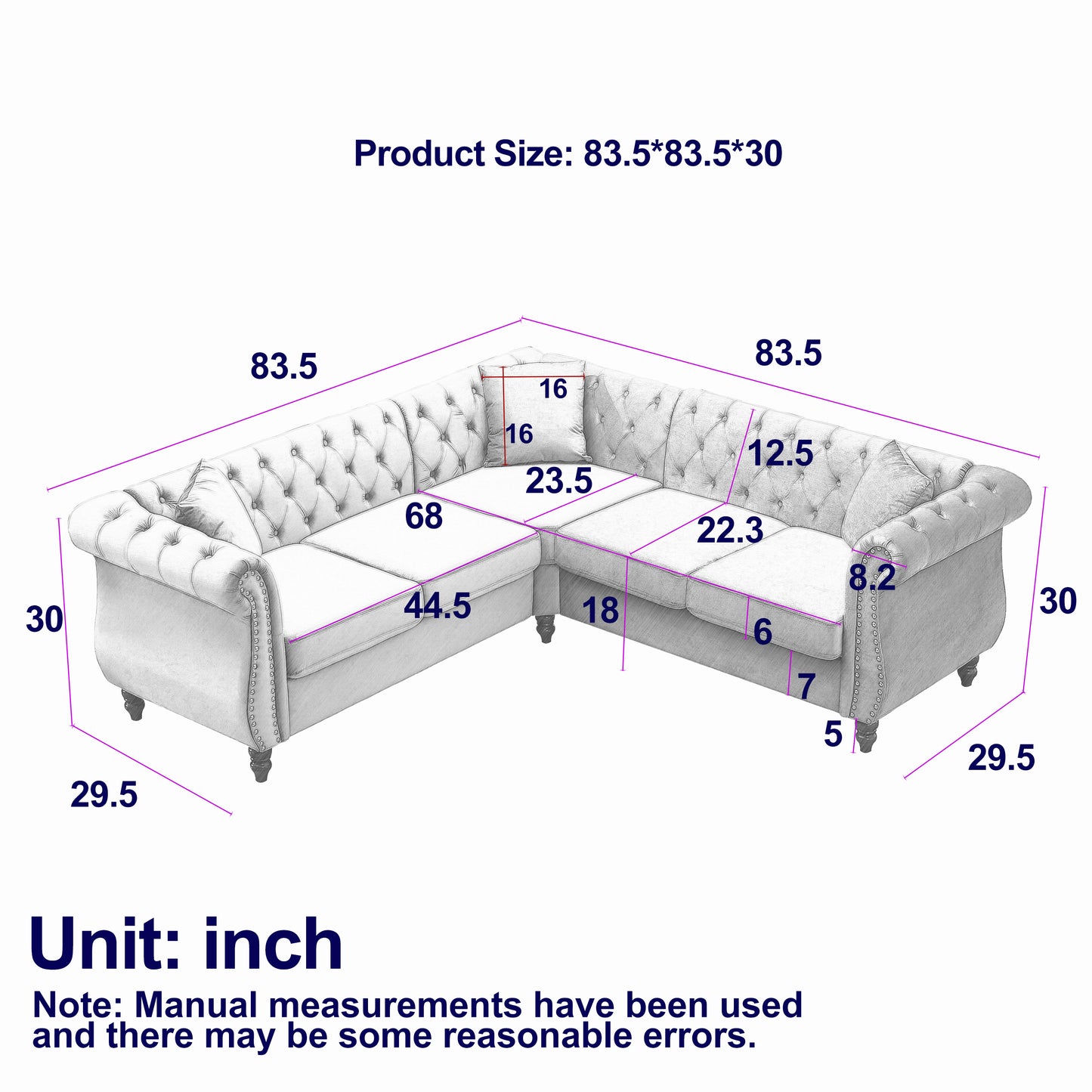 83.5-Inch Oversized Corner Sofa, L-Shaped Sectional Couch,  5-Seater Corner Sofas with 3 Pillows for Living Room, Bedroom, Apartment, Office