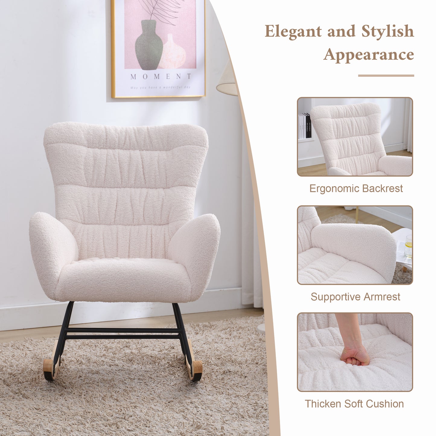 Rocking Chair, Teddy Upholstered Glider Rocker, Rocking Accent Chair with High Backrest, Comfy Rocking Accent Armchair for Living Room, Bedroom, Offices, WHITE