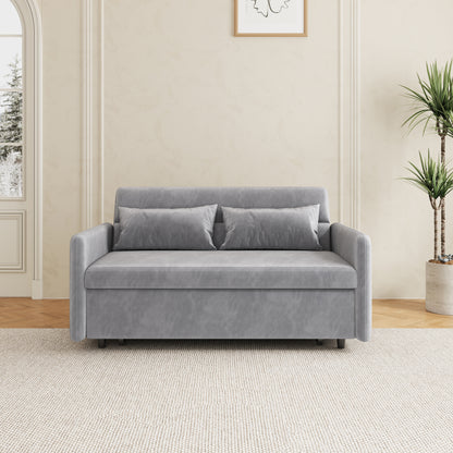 Sofa Pull Out Bed Included Two Pillows 54" Grey Velvet Sofa for Small Spaces