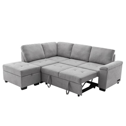 Sleeper Sectional Sofa, L-Shape Corner Couch Sofa-Bed with Storage Ottoman & Hidden Arm Storage & USB Charge for Living Room Apartment, Gray