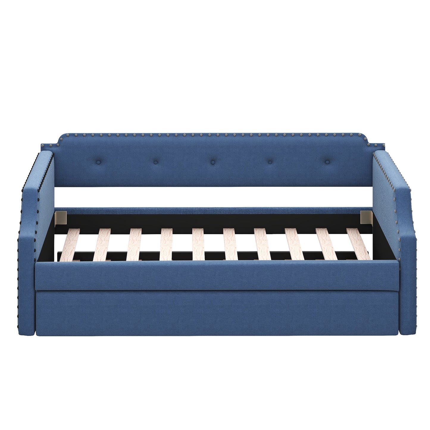 Upholstered Daybed with Trundle, Wood Slat Support,Upholstered Frame Sofa Bed, Twin,Blue