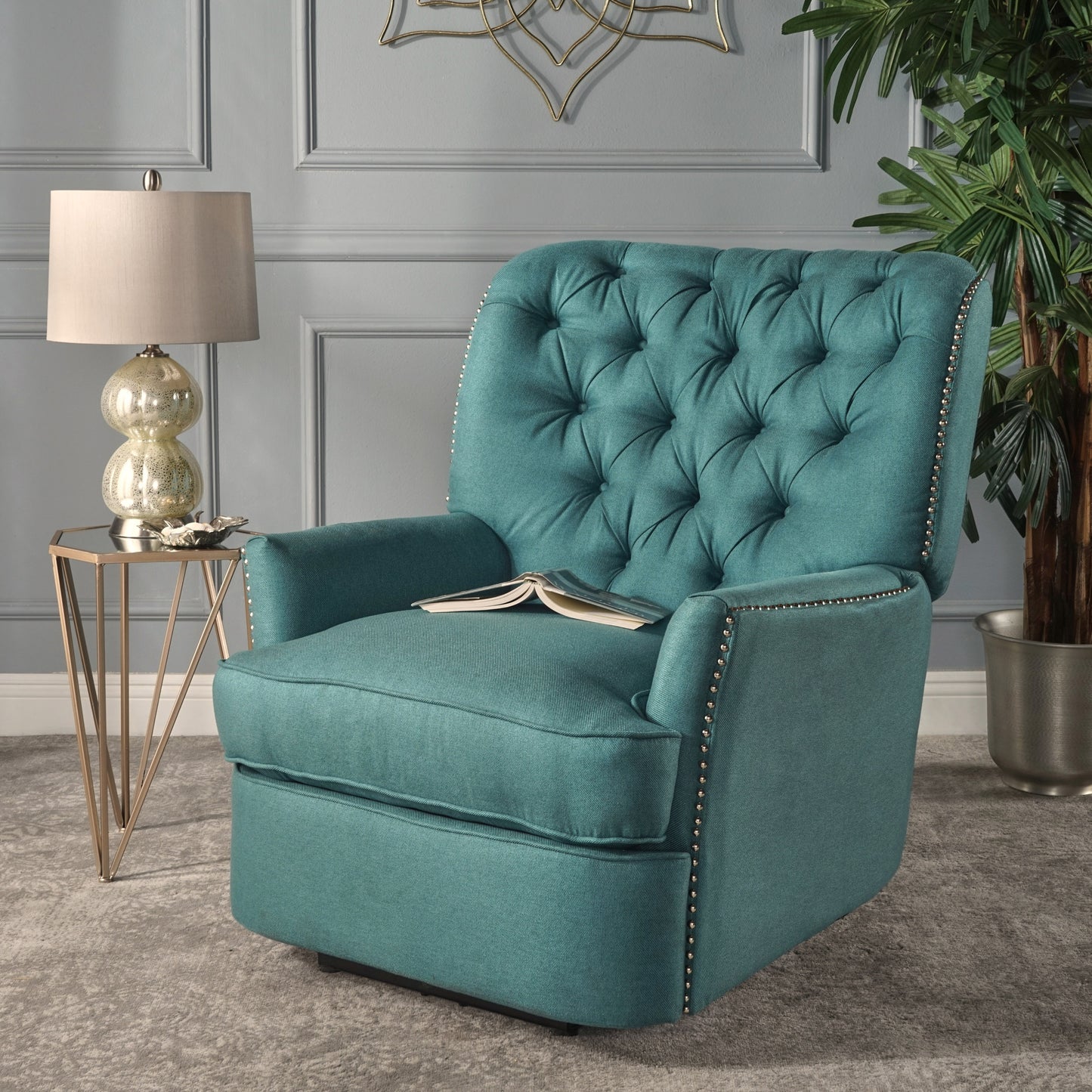 Indulge in Supreme Comfort: Electric Recliner Chair with Elegant Copper Accents and Soft Teal Upholstery