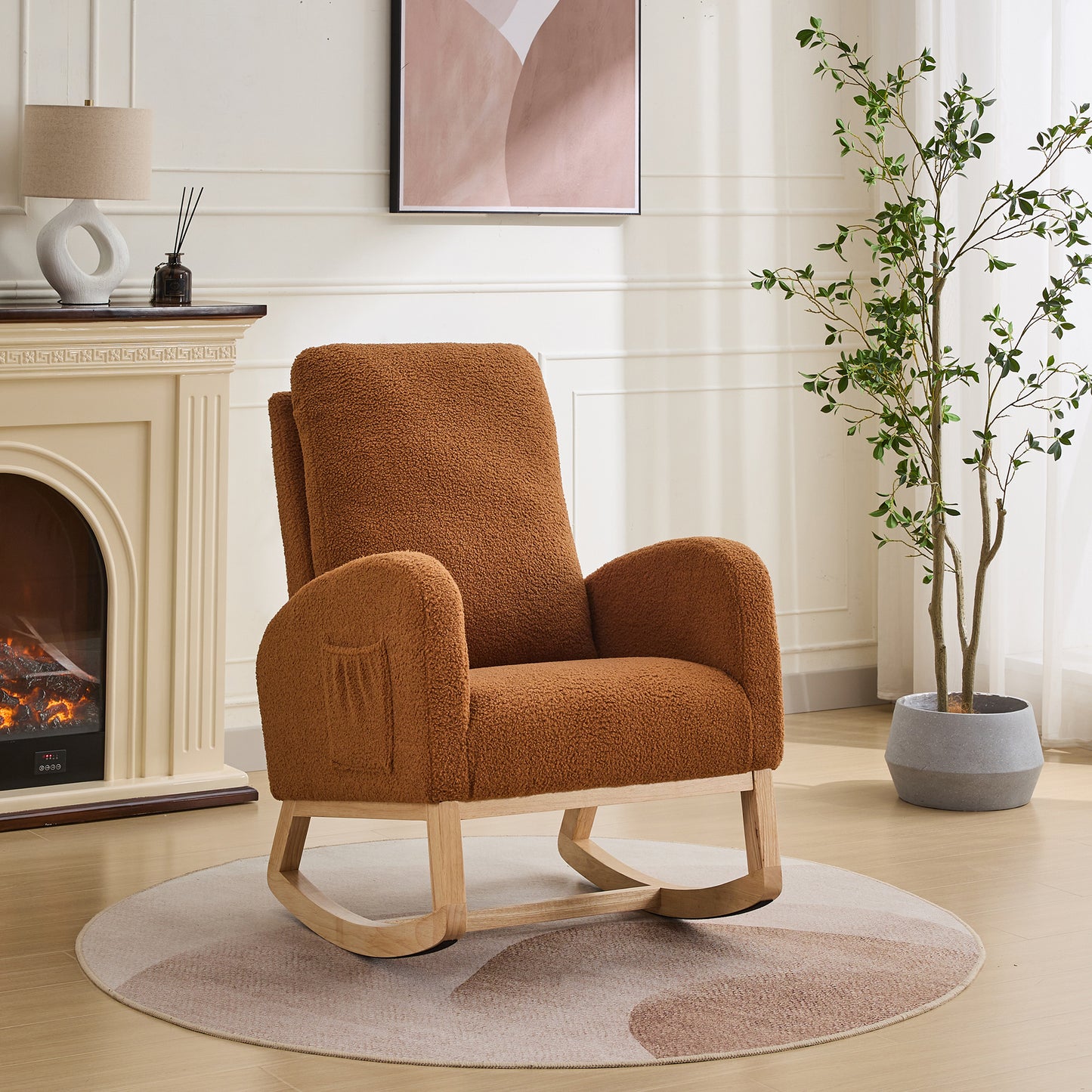 27.2"W Rocking Chair for Nursery, Sherpa Glider Chair with High Back and Side Pocket, Rocking Accent Armchair with Rubber Wood Legs for Living Room/Bedroom.Caramel