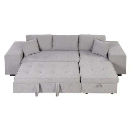 104.5" Pull Out Sleeper Sofa Reversible L-Shape 3 Seat Sectional Couch with Storage Chaise and 2 Stools for Living Room Furniture Set,Gray