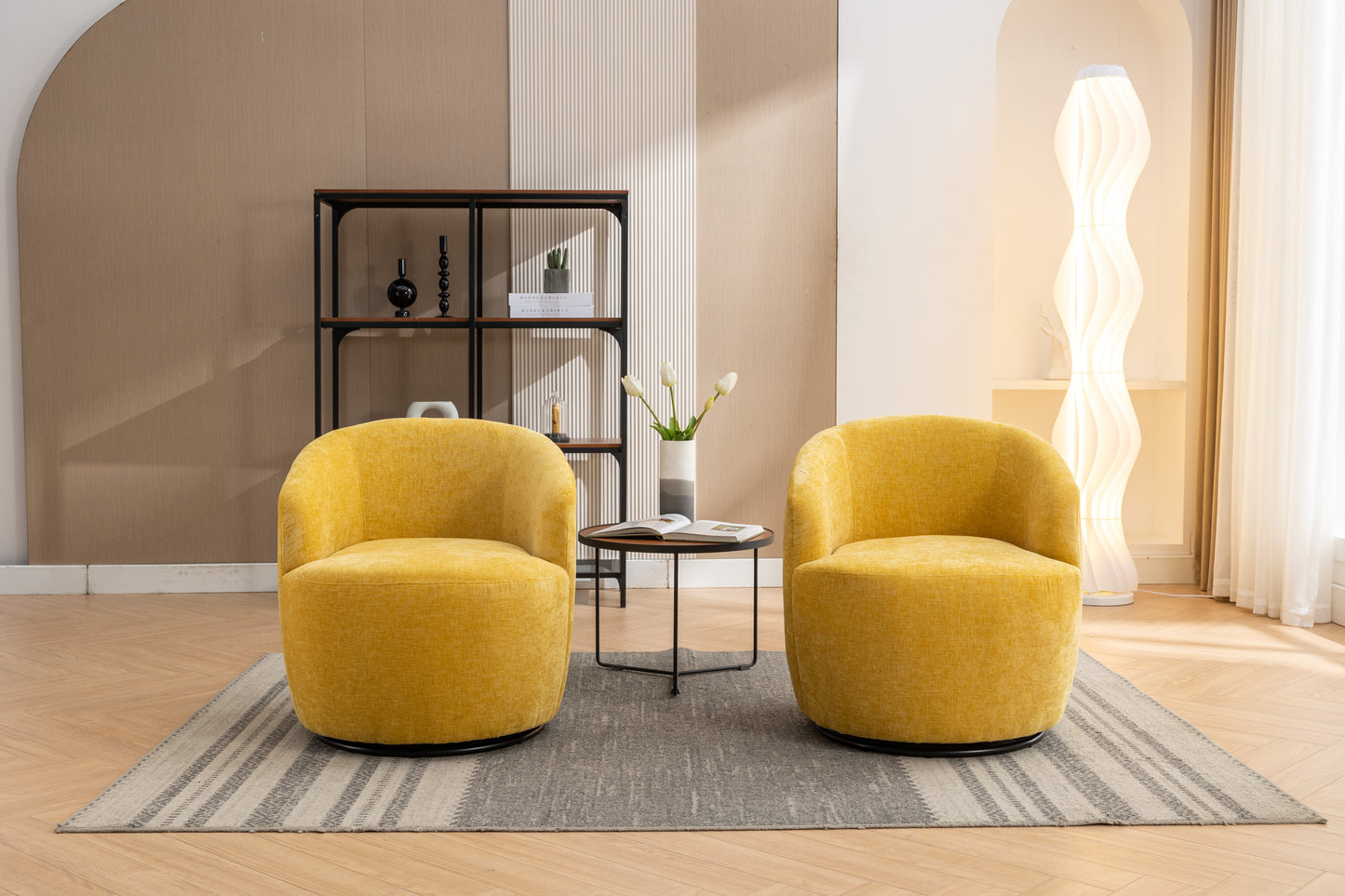 037-Chenille Fabric Swivel Accent Armchair Barrel Chair With Black Powder Coating Metal Ring,Yellow