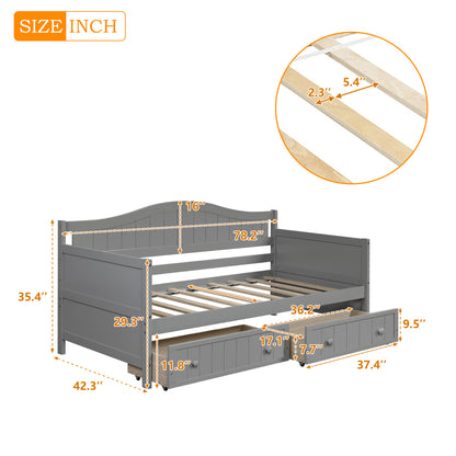 Wooden Daybed with 2 drawers, Sofa Bed for Bedroom Living Room,No Box Spring Needed,Gray