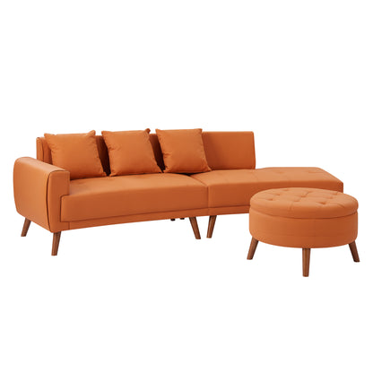 107" Contemporary Sofa Stylish Sofa Couch with a Round Storage Ottoman and Three Removable Pillows for Living Room, Orange