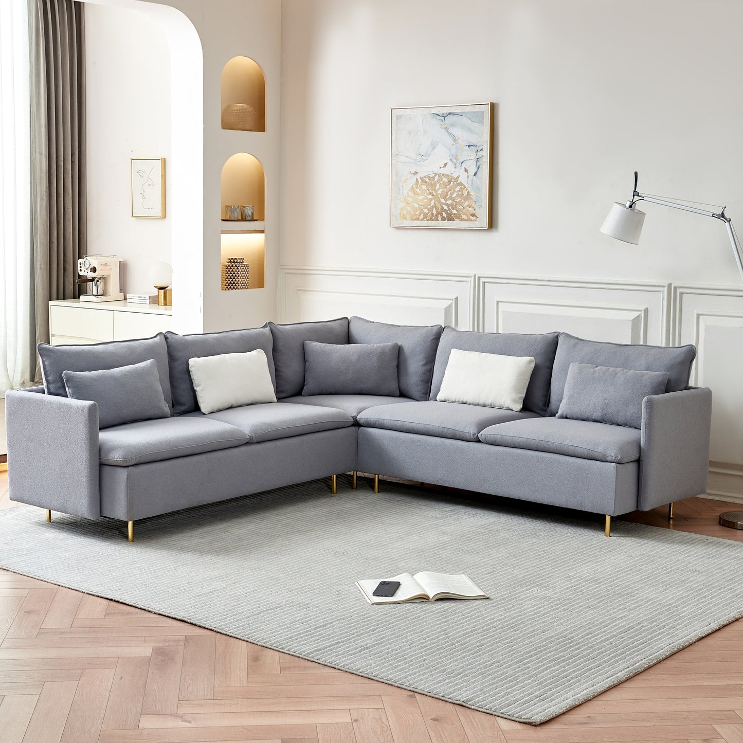 92"Teddy Fabric Sofa, Modern Corner Sectional Sofa with Support Pillow for Living room, Apartment & Office.(Gray)