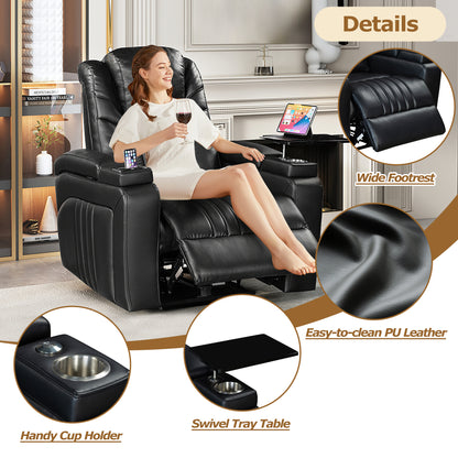 PU Leather Power Recliner Home Theater Recliner with Power Adjustable Headrest, Wireless Charging Device, USB Port, Storage Arms, Cup Holder and Swivel Tray Table for Living Room, Black