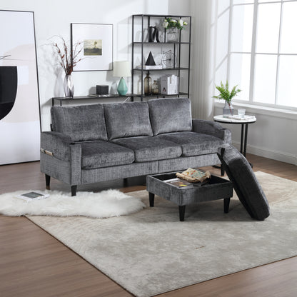 Sofa for three, solid wood frame, Chenille fabric, side pocket, with two cup holders, footstool with storagestorage sofa /Living room sofa cozy sectional sofa