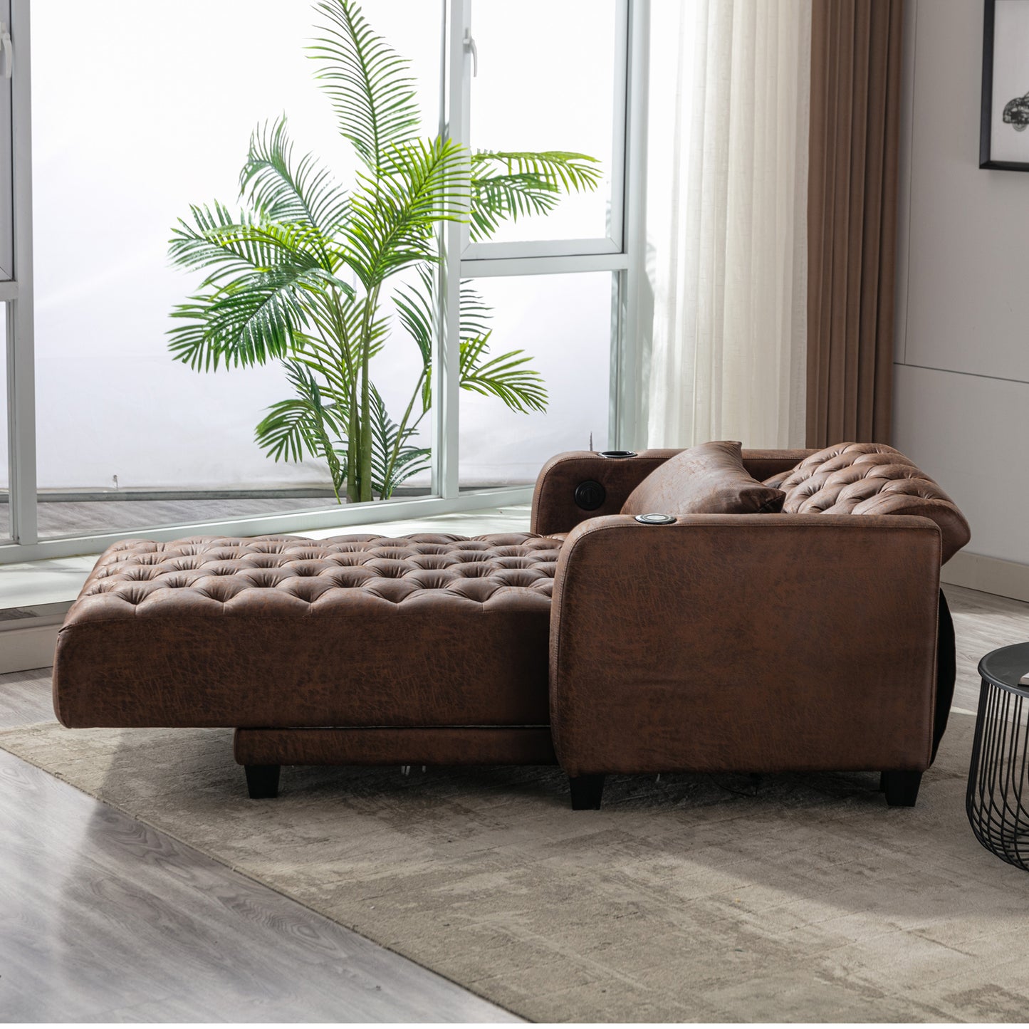 Multifunctional Living Room Leisure Chaise Lounge Barry Tufted Comfy Armchair Wireless Charging, Smooth Reclining Backrest & Lumbar Pillow for Home Apartment (Brown linen)