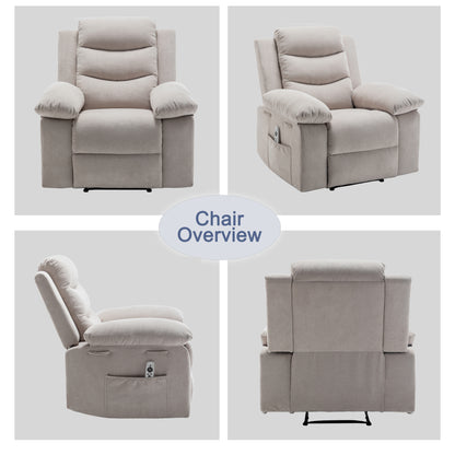 Power Recliner Chair with Adjustable Massage Function, Velvet Electric Power Chair for Elderly with One Side Pockets, Recliner Chair with Heating System for Living Room,Beige