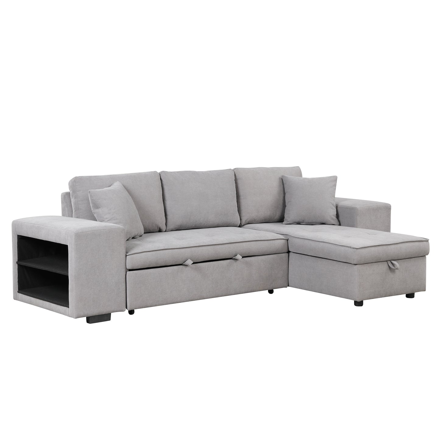 104.5" Pull Out Sleeper Sofa Reversible L-Shape 3 Seat Sectional Couch with Storage Chaise and 2 Stools for Living Room Furniture Set,Gray