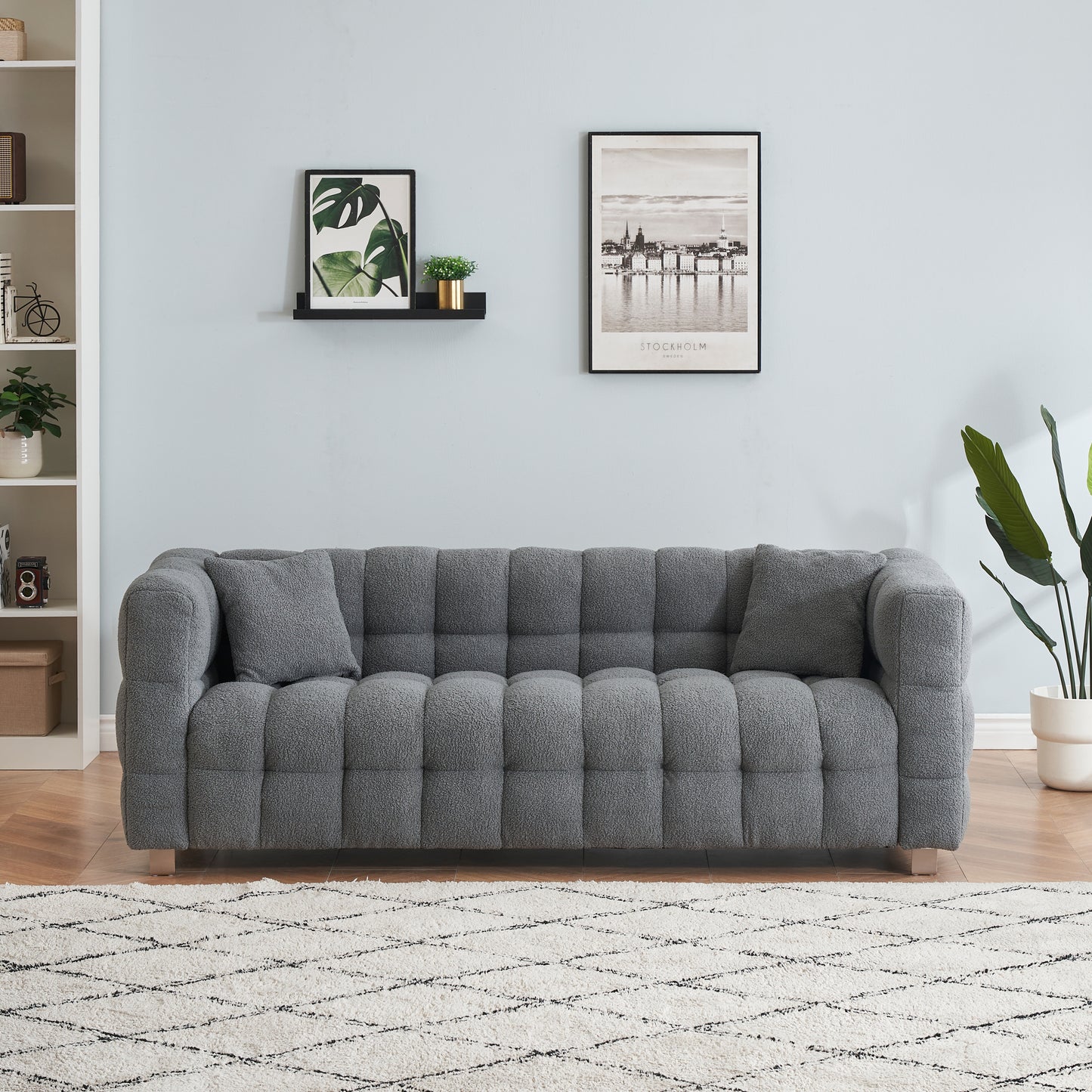 Grey teddy fleece sofa 80 inch discharge in living room bedroom with two throw pillows hardware foot support