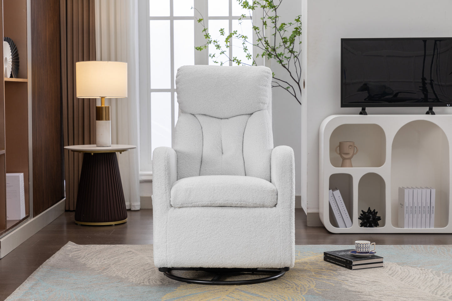 022-Teddy Fabric Swivel Rocking Chair Gilder Chair With Pocket,White