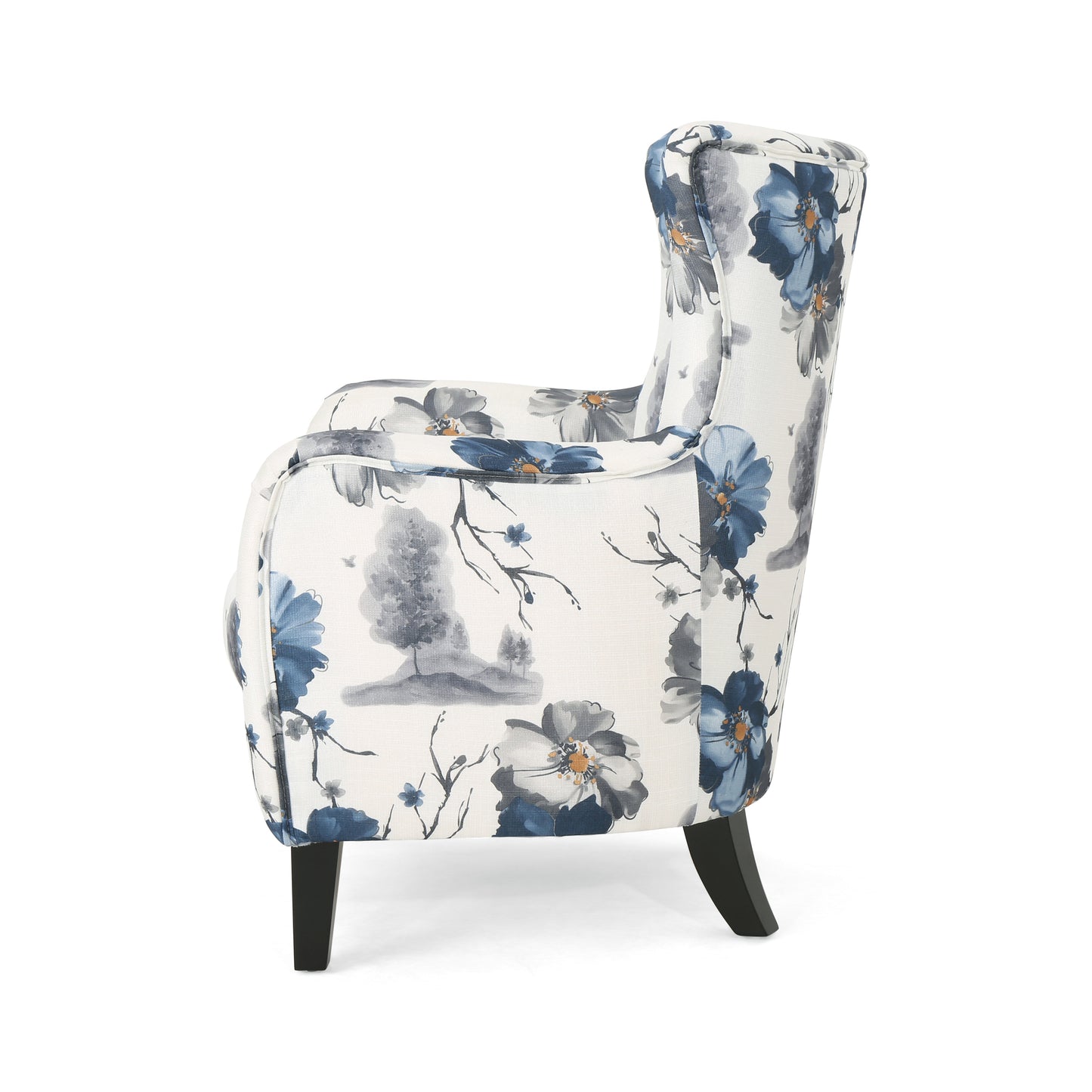 Contemporary Vintage Print Fabric Upholstered Club Chair, White & Blue Patterned Armchair, Stylish and Comfortable Addition to Your Living Space