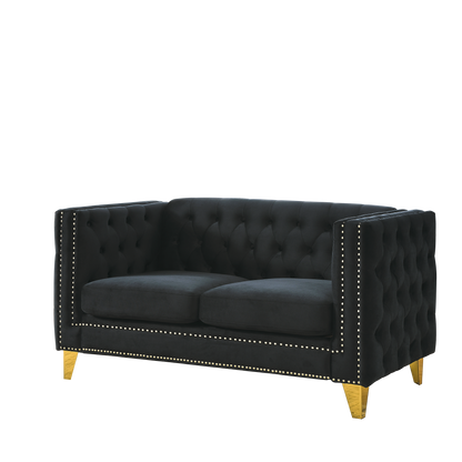 Velvet Sofa for Living Room,Buttons Tufted Square Arm Couch, Modern Couch Upholstered Button and Metal Legs, Sofa Couch for Bedroom, Black Velvet-2S