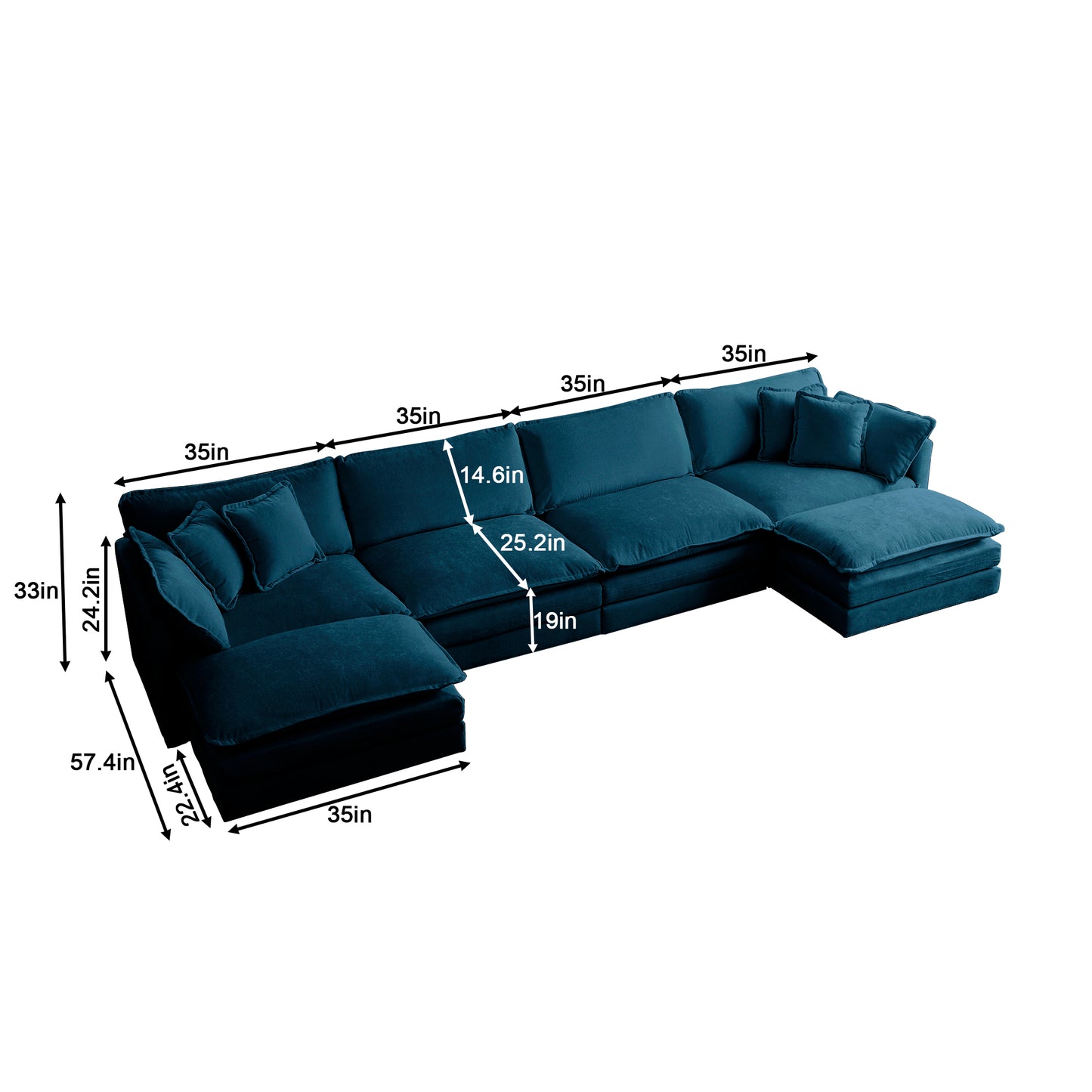 U-Shaped Sectional Sofa w/Reversible Footrest, 5-Seater Convertible Corner Couch with 2 Ottomans,Modern Minimalist Soft Sofa & Couch for Living Room, Blue Chenille