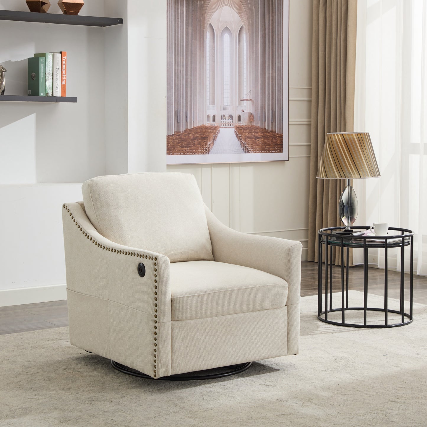 Cream white fabric swivel rotating accent chair with USB and magazine book for living room and hotel bed room