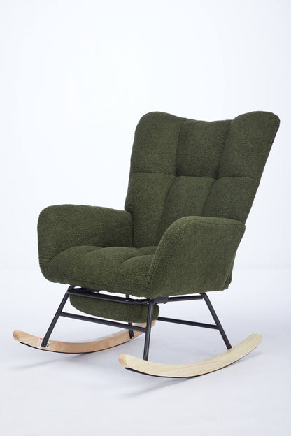 Modern Nursery Rocking Chair, Upholstered Glider Chair with High Backrest, Rocker Accent Armchair with Solid Wood Legs for Nursery Bedroom Living Room DRAK GREEN