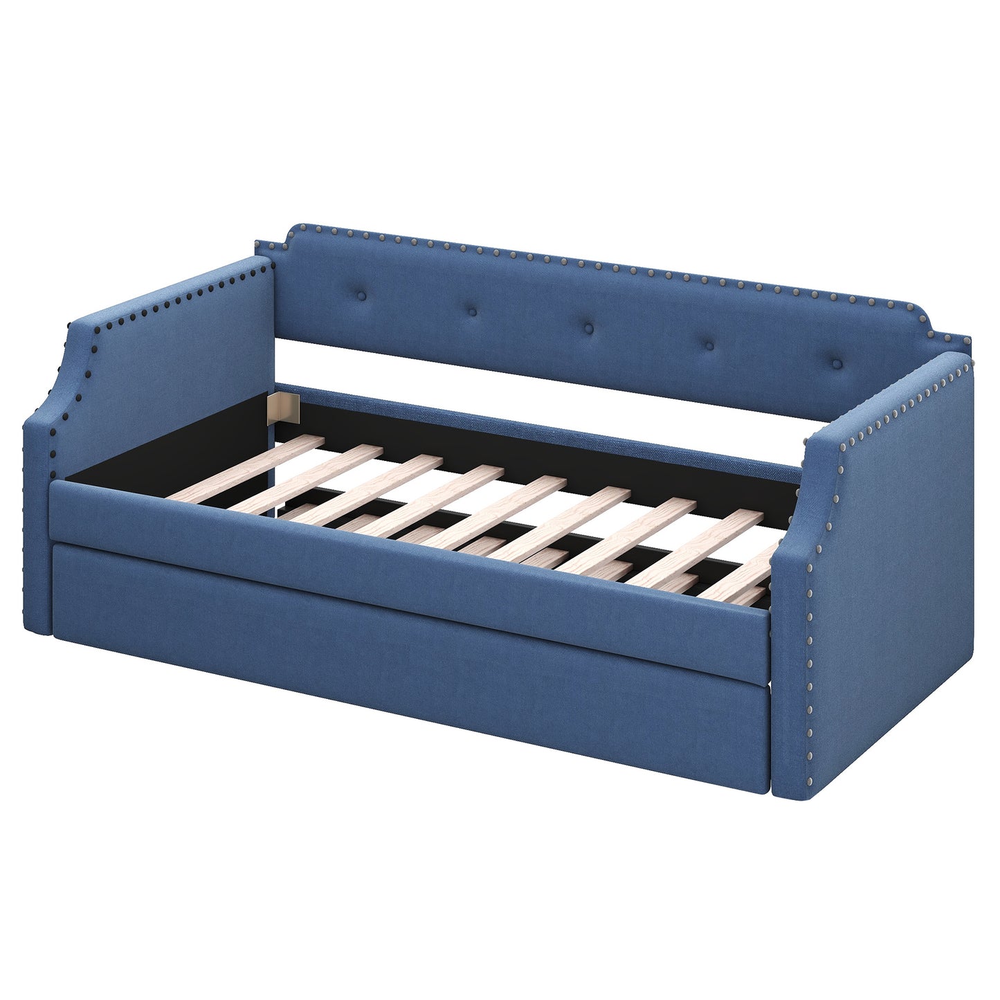 Upholstered Daybed with Trundle, Wood Slat Support,Upholstered Frame Sofa Bed, Twin,Blue