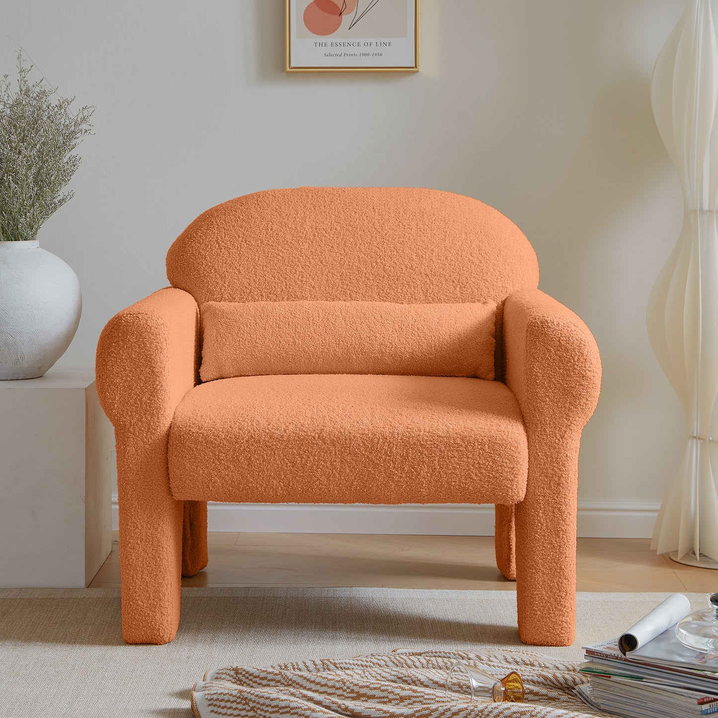 Modern boucle accent chair with lumbar pillow for living room