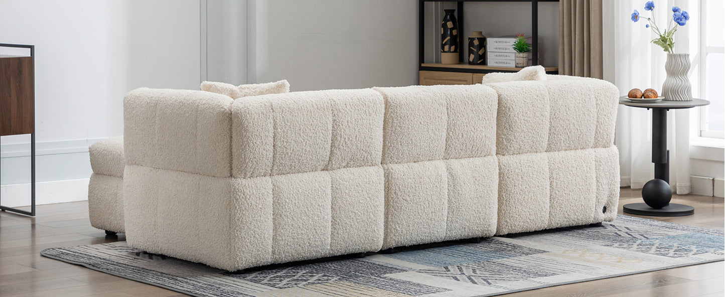 87.7" Sectional Sofa Cozy Teddy Fleece Fabric Sectional Sofa Couch with Two USB Ports a Movable Storage Ottoman and Two Lumbar Pillows for Living Room, Creamy White