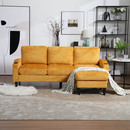 Sofa for three, solid wood frame, Chenille fabric, side pocket, with two cup holders, footstool with storagestorage sofa /Living room sofa cozy sectional sofa