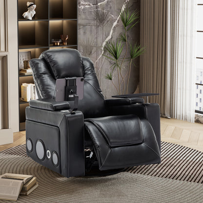 270 Degree Swivel PU Leather Power Recliner Individual Seat Home Theater Recliner with Surround Sound, Cup Holder, Removable Tray Table, Hidden Arm Storage for Living Room, Black