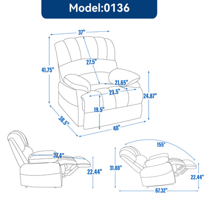 Large Manual Recliner Chair in Fabric for Living Room, Beige