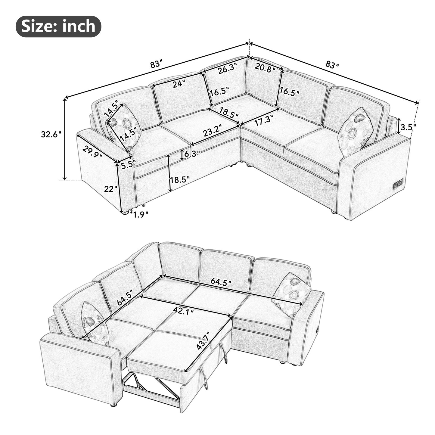 83" L-Shaped Pull Out Sofa Bed Modern Convertible Sleeper Sofa with 2 USB ports, 2 Power Sockets and 3 Pillows for Living Room, Bedroom, Office, Cream