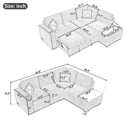 83.8" Sectional Pull-Out Sofa Bed L-Shaped Corner Sofa Couch with Storage Chaise, USB Ports, Power Sockets, Cup Holder for Living Room, Bedroom, Study, Light Gray